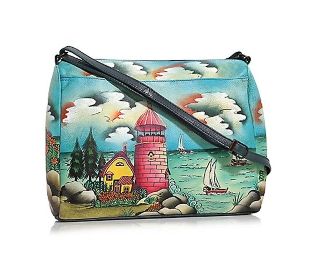 NWT Anuschka Hand painted Leather Crossbody Purse Coastal Lighthouse Sailboats